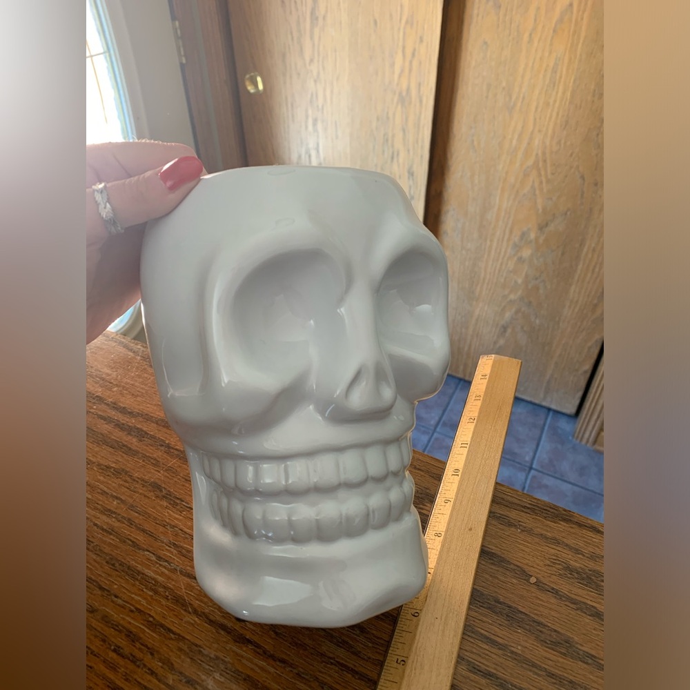 Skull ceramic white vase Variegated monstera leaves bundles halloween - Picture 5 of 9